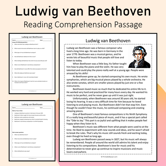 Ludwig van Beethoven | Reading Comprehension Passage Printable Activity