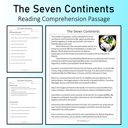 The Seven Continents | Reading Comprehension Passage Printable Worksheet