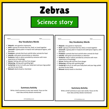Zebras | Science Story Reading Comprehension Activity