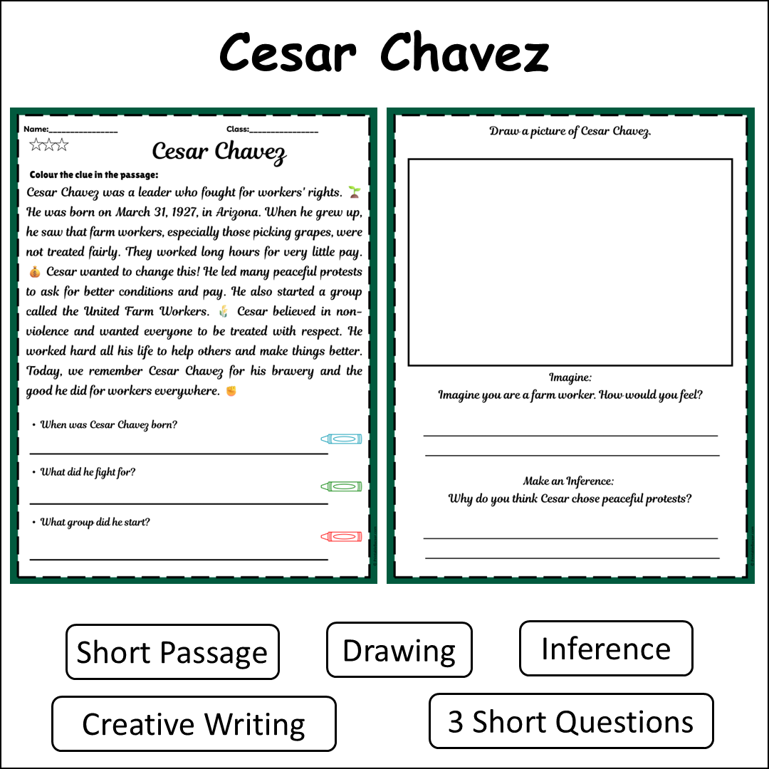 Cesar Chavez | Short Reading Comprehension Creative Worksheet