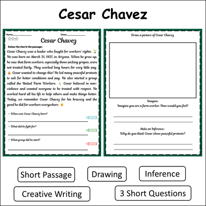 Cesar Chavez | Short Reading Comprehension Creative Worksheet