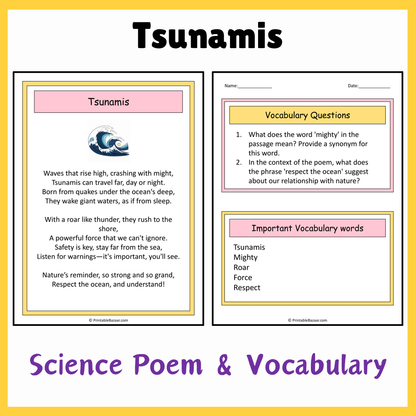 Tsunamis | Science Poem Reading Comprehension Activity