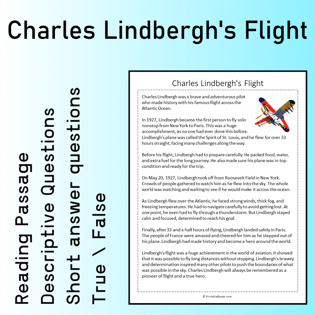 Charles Lindbergh's Flight | Reading Comprehension Passage Printable Worksheet