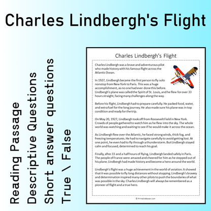 Charles Lindbergh's Flight | Reading Comprehension Passage Printable Worksheet