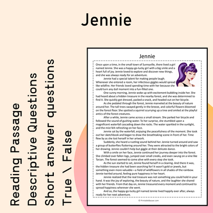 Jennie | Reading Comprehension Passage Printable Activity