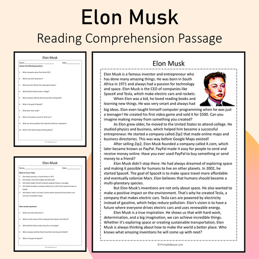Elon Musk | Reading Comprehension Passage Printable Activity