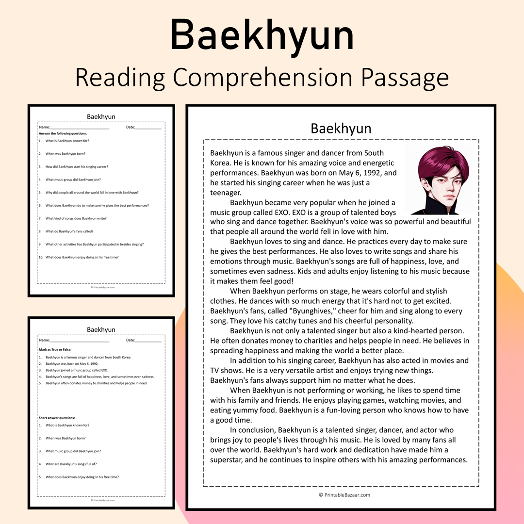 Baekhyun | Reading Comprehension Passage Printable Activity