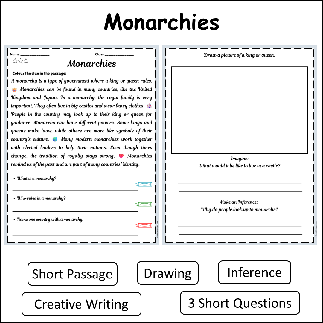Monarchies | Short Reading Comprehension Creative Worksheet