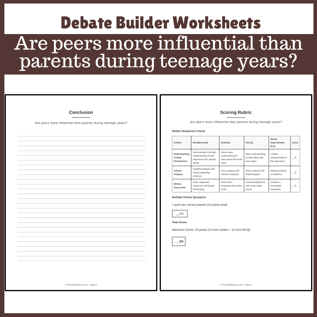 Are peers more influential than parents during teenage years? | Favour and Against Worksheet Printable Activity