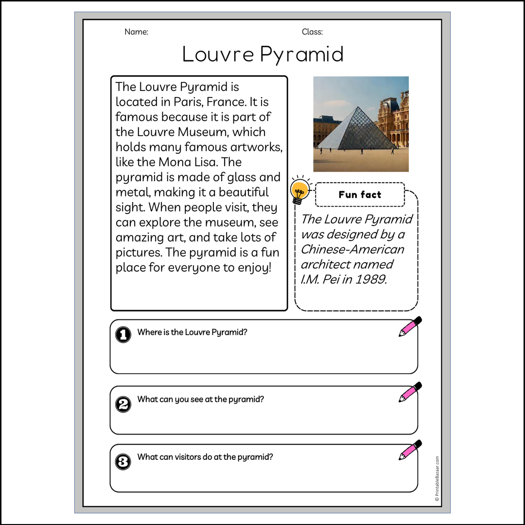 Louvre Pyramid | Reading Passage Comprehension Questions Writing Facts Worksheet