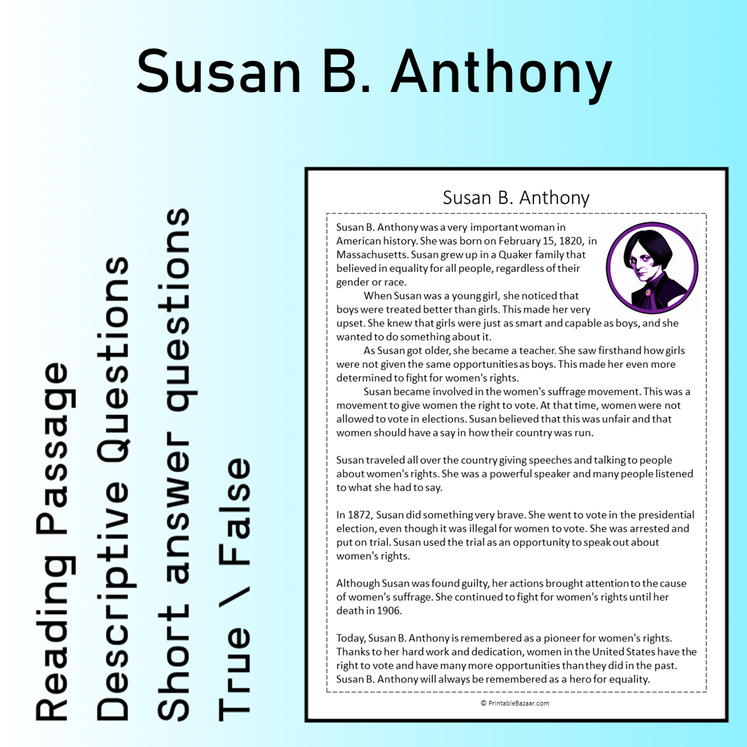 Susan B. Anthony | Reading Comprehension Passage Printable Worksheet