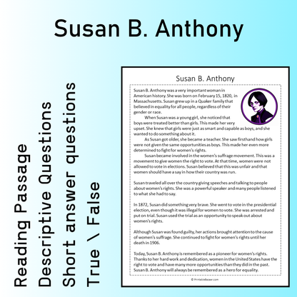Susan B. Anthony | Reading Comprehension Passage Printable Worksheet