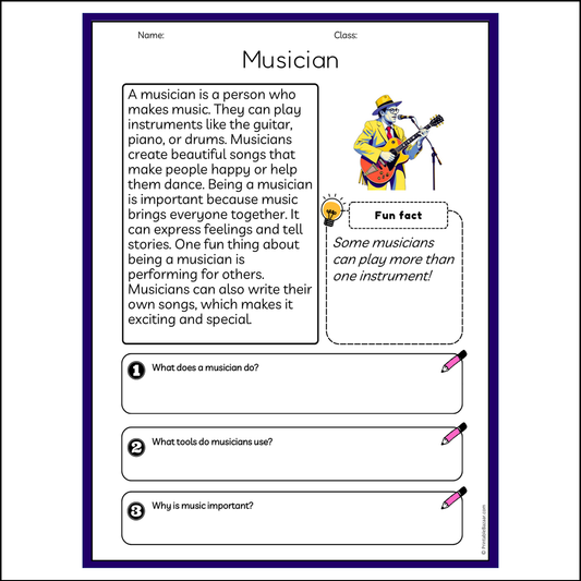 Musician | Reading Passage Comprehension Questions Writing Facts Worksheet