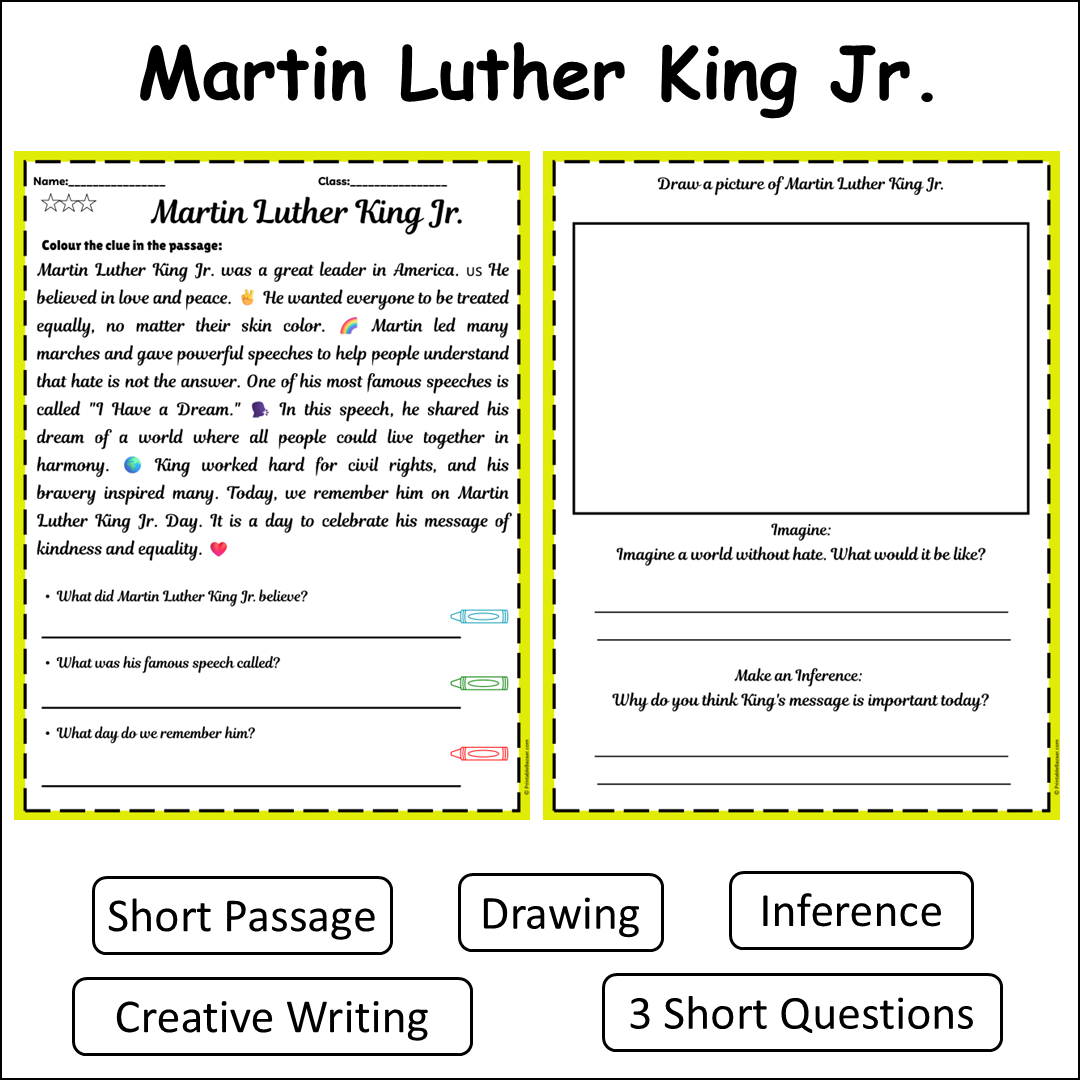 Martin Luther King Jr. | Short Reading Comprehension Creative Worksheet
