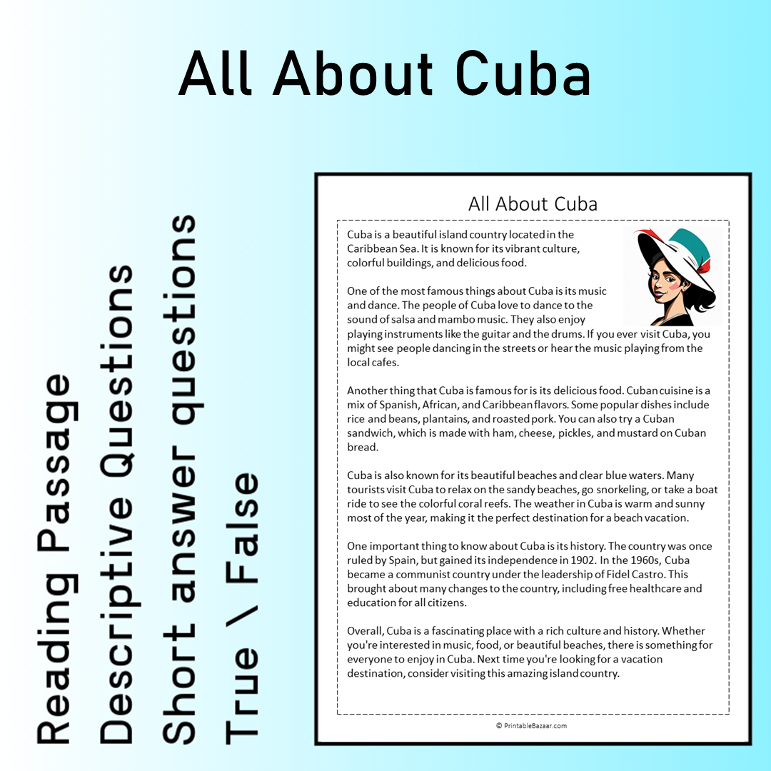 All About Cuba | Reading Comprehension Passage Printable Worksheet