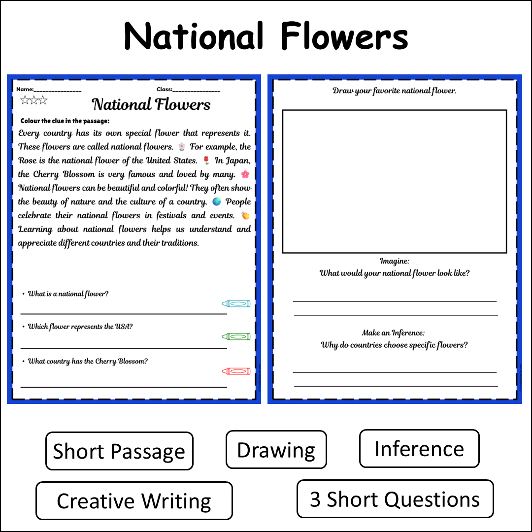 National Flowers | Short Reading Comprehension Creative Worksheet