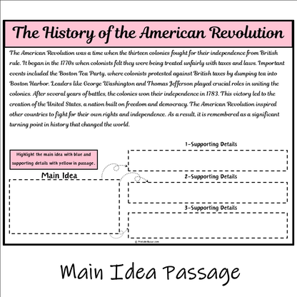 The History of the American Revolution | Main Idea and Supporting Details Reading Passage and Questions