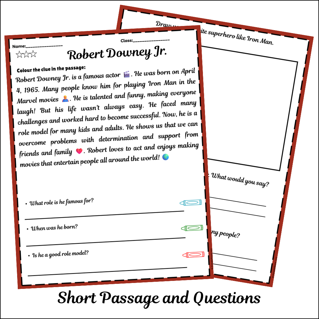 Robert Downey Jr. | Short Reading Comprehension Creative Worksheet