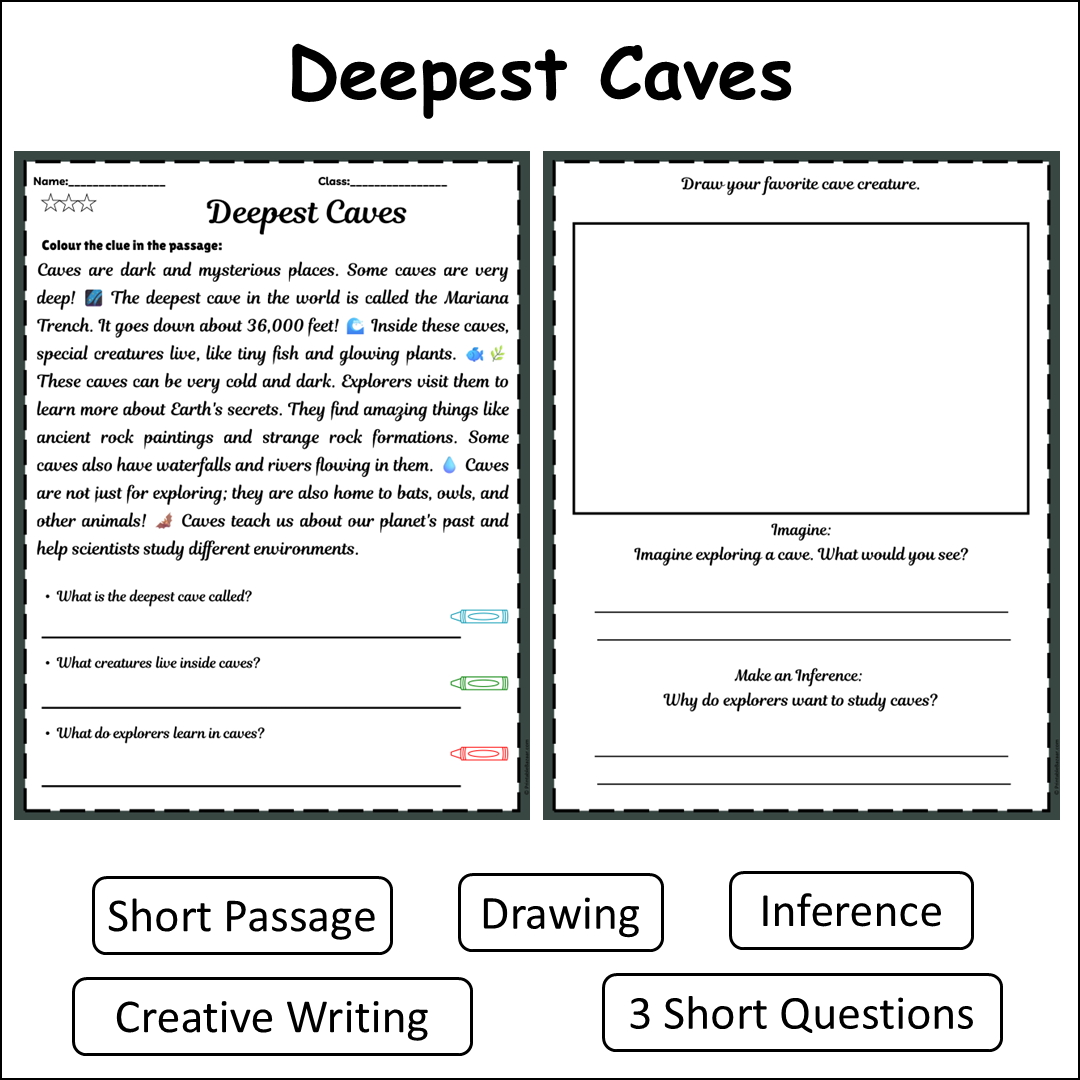 Deepest Caves | Short Reading Comprehension Creative Worksheet