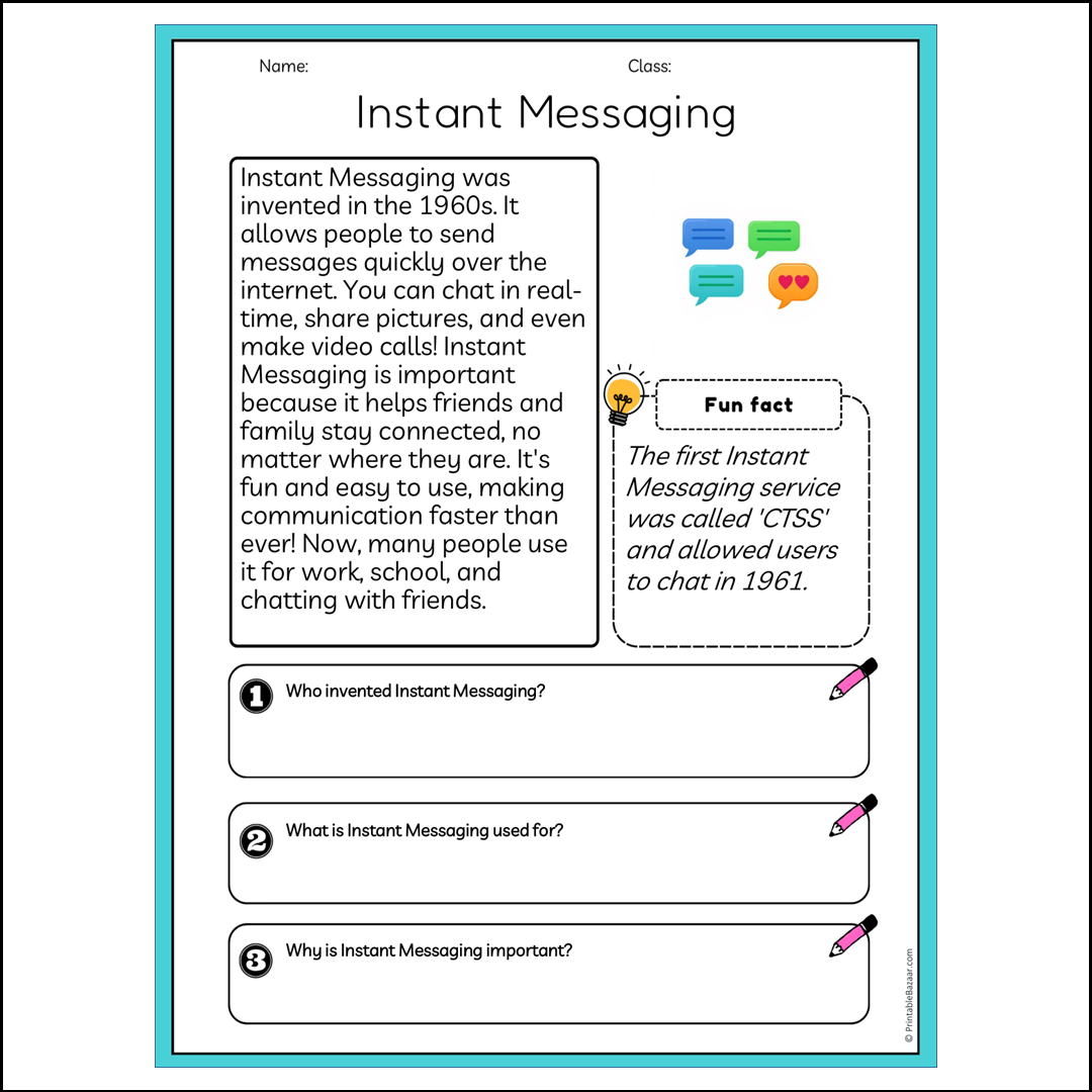 Instant Messaging | Reading Passage Comprehension Questions Writing Facts Worksheet