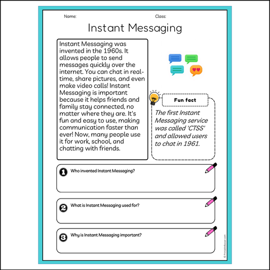 Instant Messaging | Reading Passage Comprehension Questions Writing Facts Worksheet