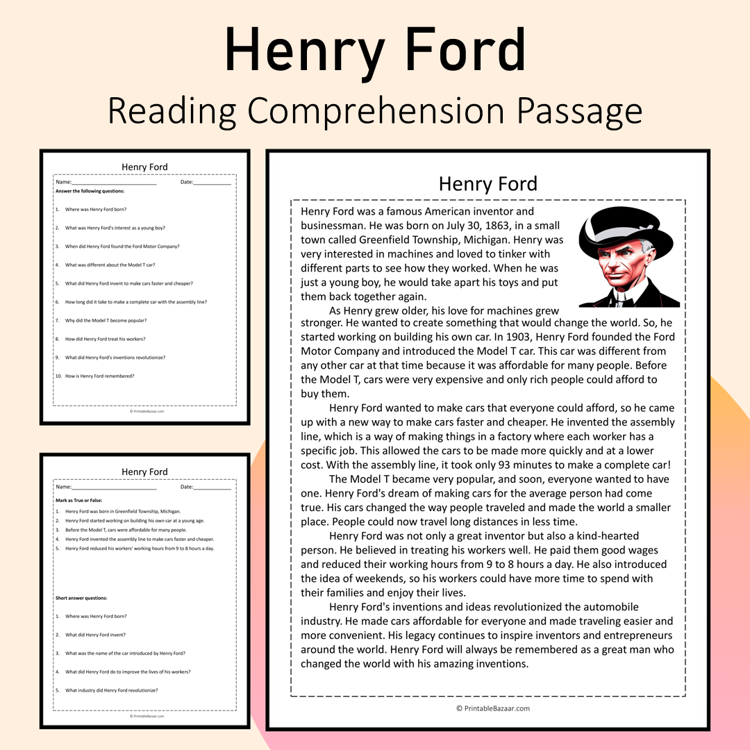 Henry Ford | Reading Comprehension Passage Printable Activity