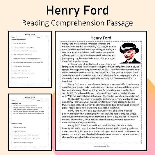 Henry Ford | Reading Comprehension Passage Printable Activity