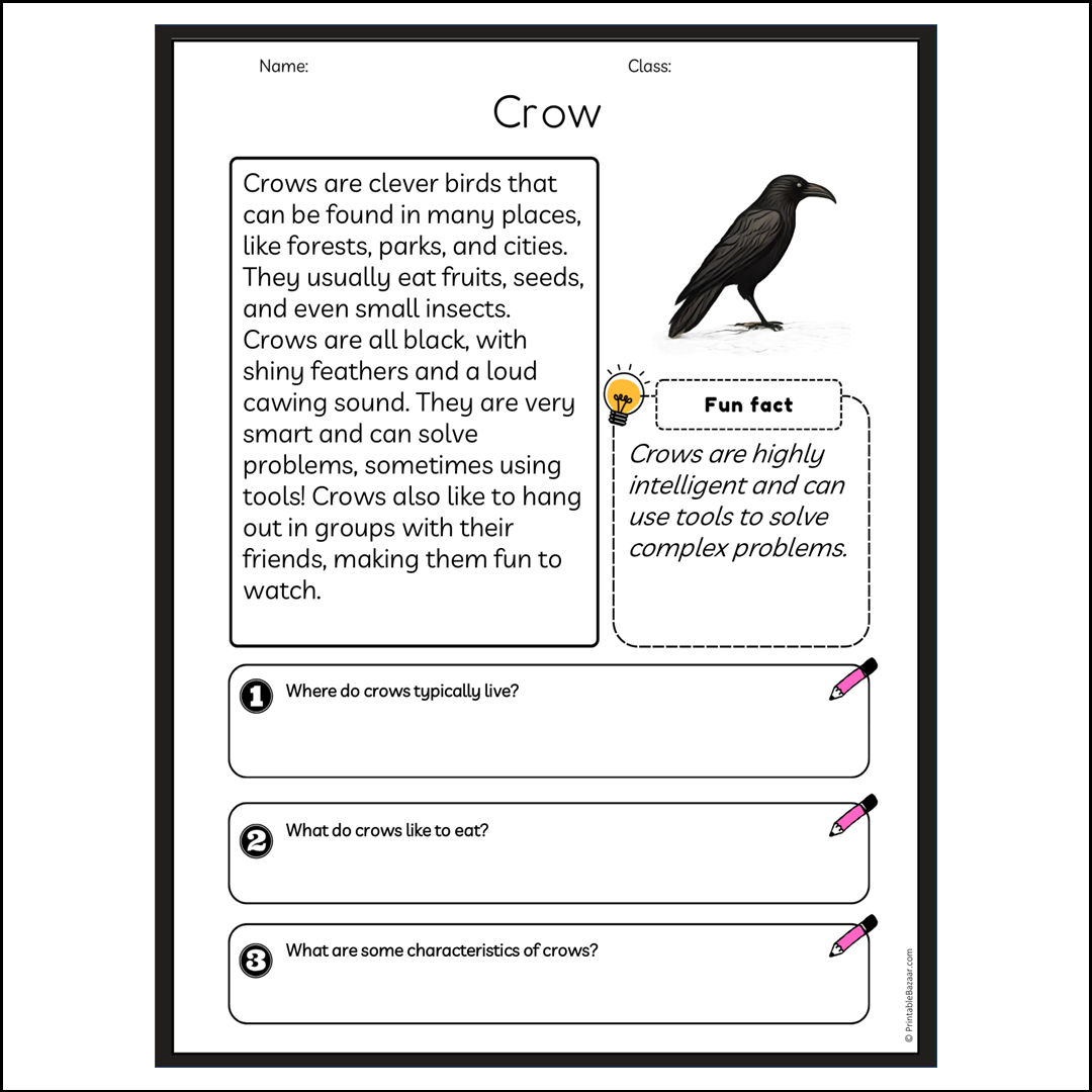 Crow | Reading Passage Comprehension Questions Writing Facts Worksheet