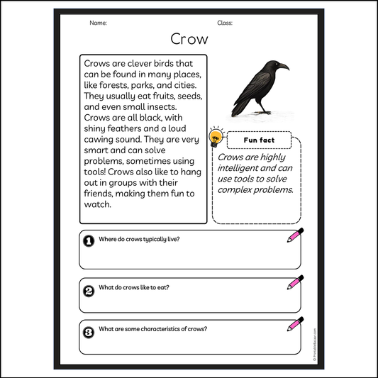 Crow | Reading Passage Comprehension Questions Writing Facts Worksheet