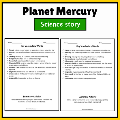 Planet Mercury | Science Story Reading Comprehension Activity