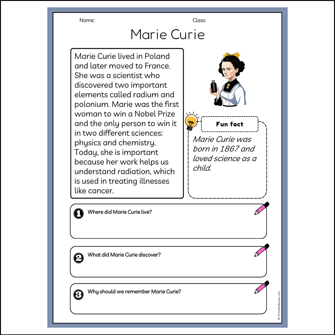 Marie Curie | Reading Passage Comprehension Questions Writing Facts Worksheet