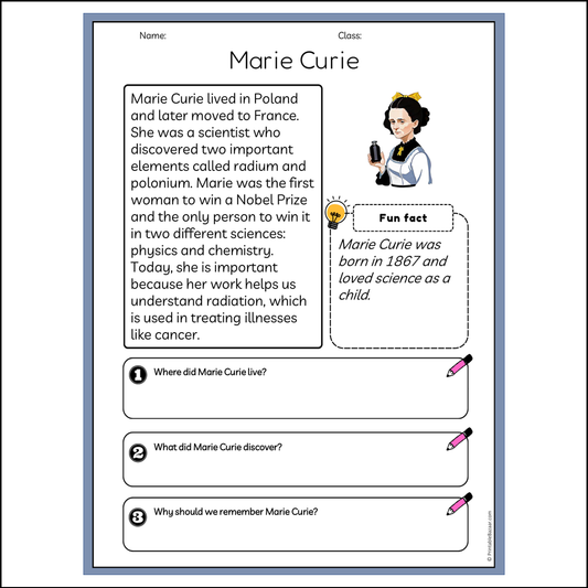 Marie Curie | Reading Passage Comprehension Questions Writing Facts Worksheet