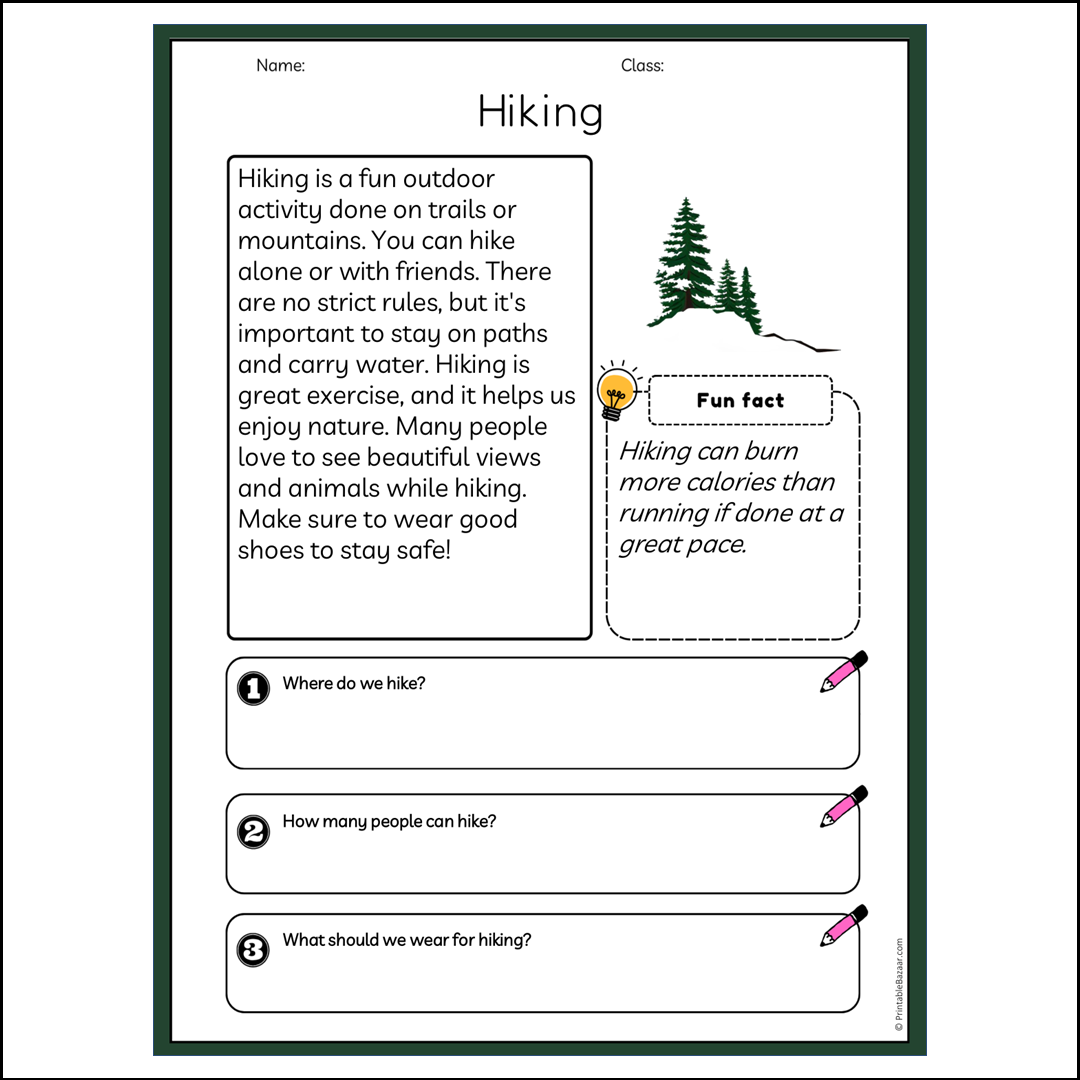 Hiking | Reading Passage Comprehension Questions Writing Facts Worksheet