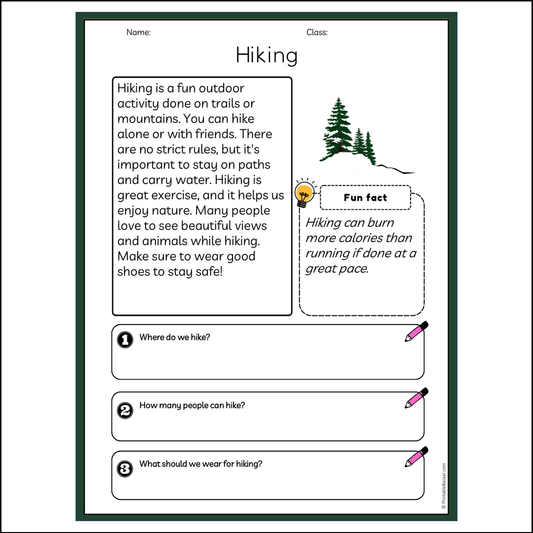 Hiking | Reading Passage Comprehension Questions Writing Facts Worksheet