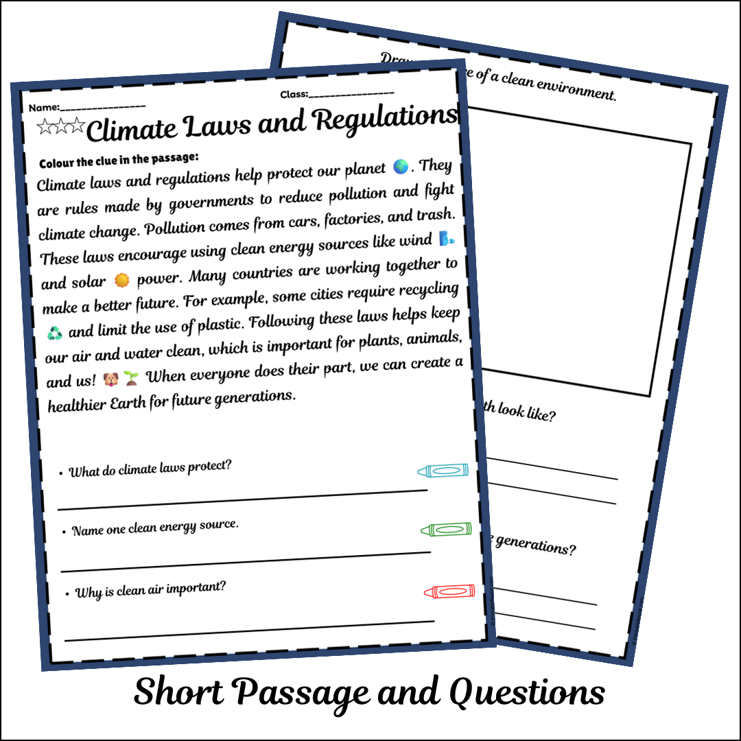 Climate Laws and Regulations | Short Reading Comprehension Creative Worksheet