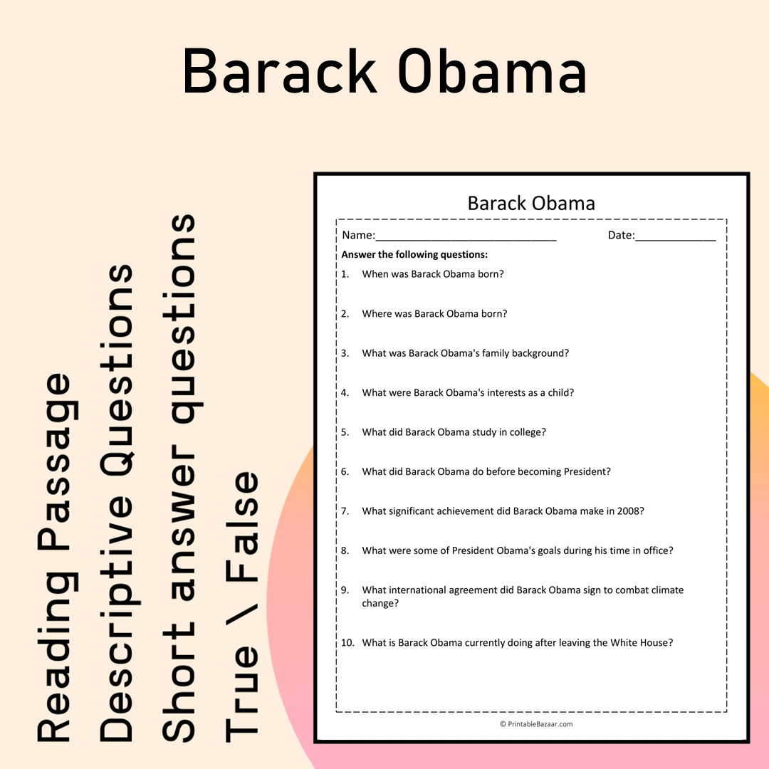 Barack Obama | Reading Comprehension Passage Printable Activity