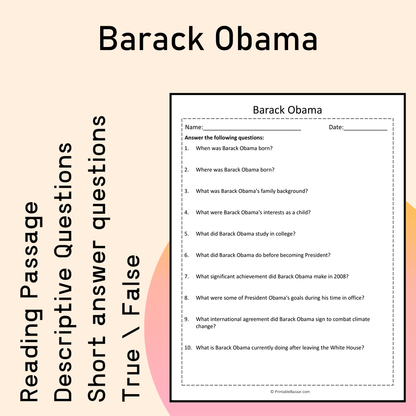 Barack Obama | Reading Comprehension Passage Printable Activity