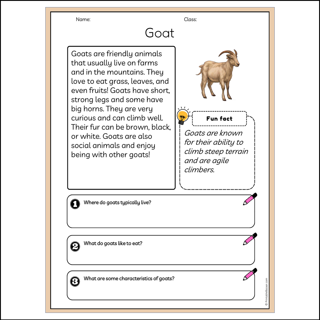 Goat | Reading Passage Comprehension Questions Writing Facts Worksheet