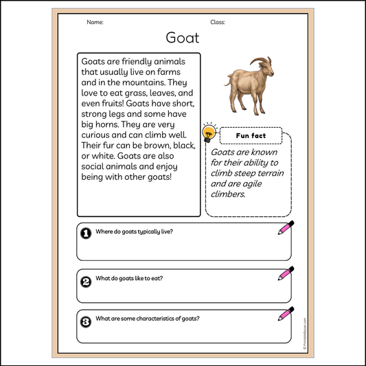 Goat | Reading Passage Comprehension Questions Writing Facts Worksheet
