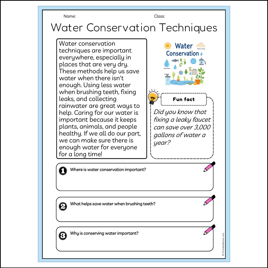 Water Conservation Techniques | Reading Passage Comprehension Questions Writing Facts Worksheet