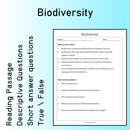 Biodiversity | Reading Comprehension Passage Printable Worksheet