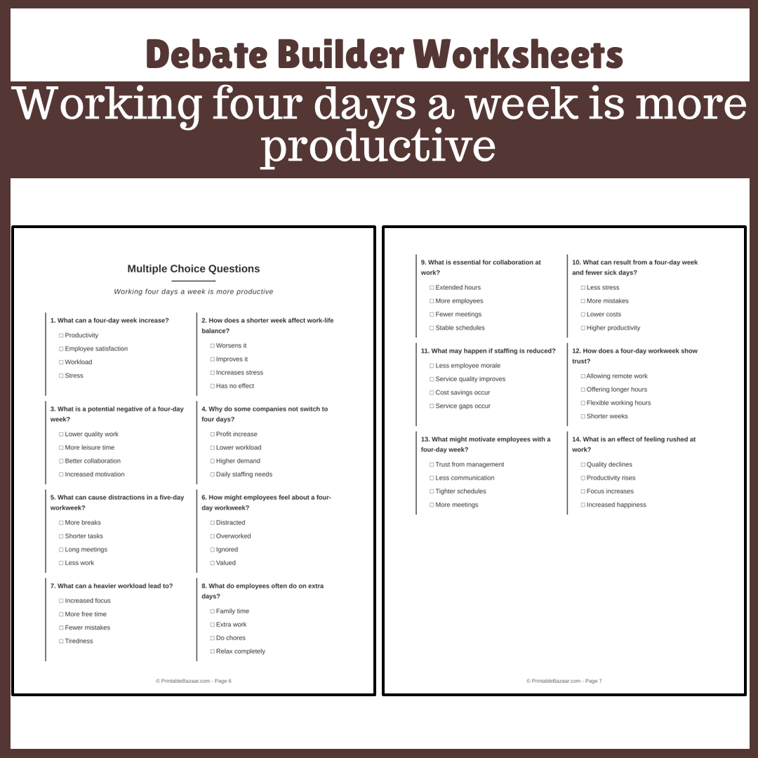 Working four days a week is more productive | Favour and Against Worksheet Printable Activity