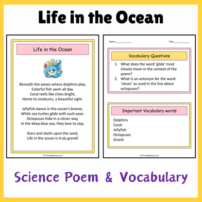 Life in the Ocean | Science Poem Reading Comprehension Activity