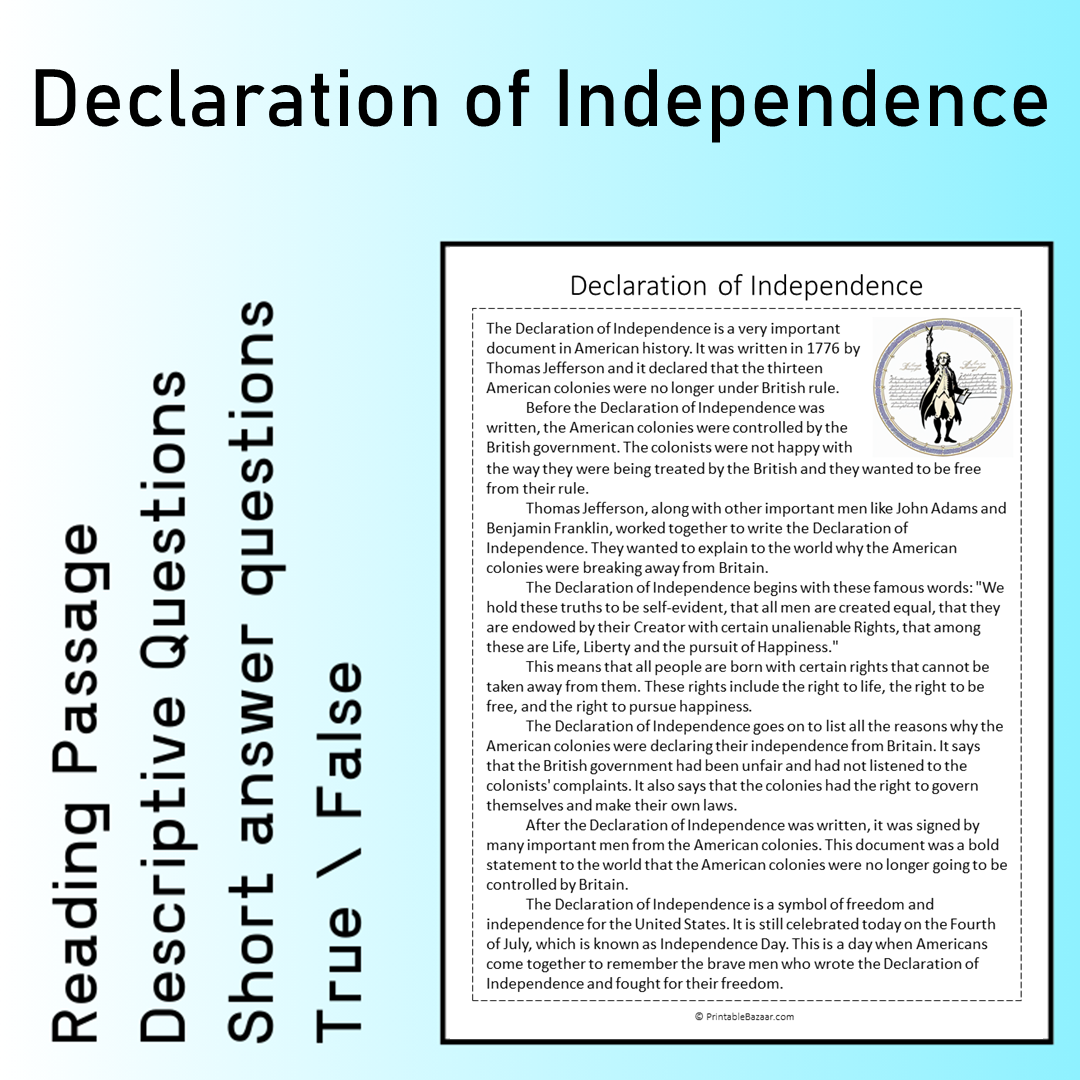 Declaration of Independence | Reading Comprehension Passage Printable Worksheet
