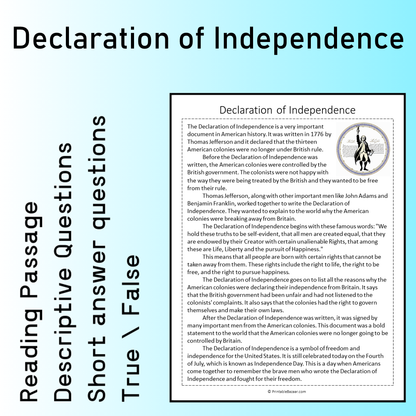 Declaration of Independence | Reading Comprehension Passage Printable Worksheet