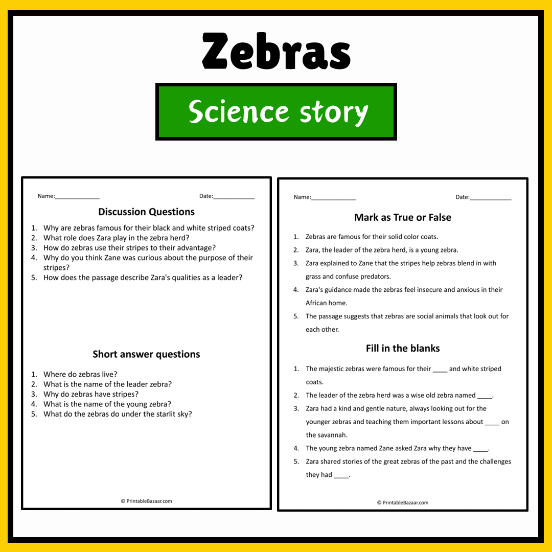Zebras | Science Story Reading Comprehension Activity