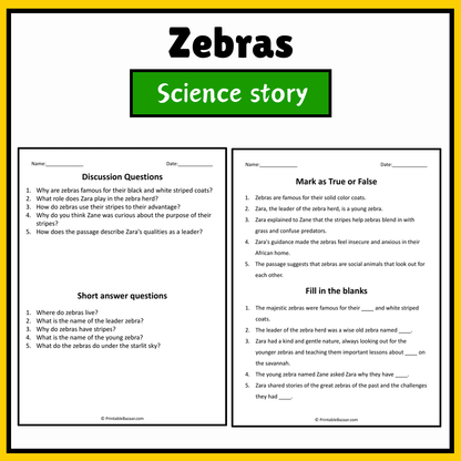 Zebras | Science Story Reading Comprehension Activity