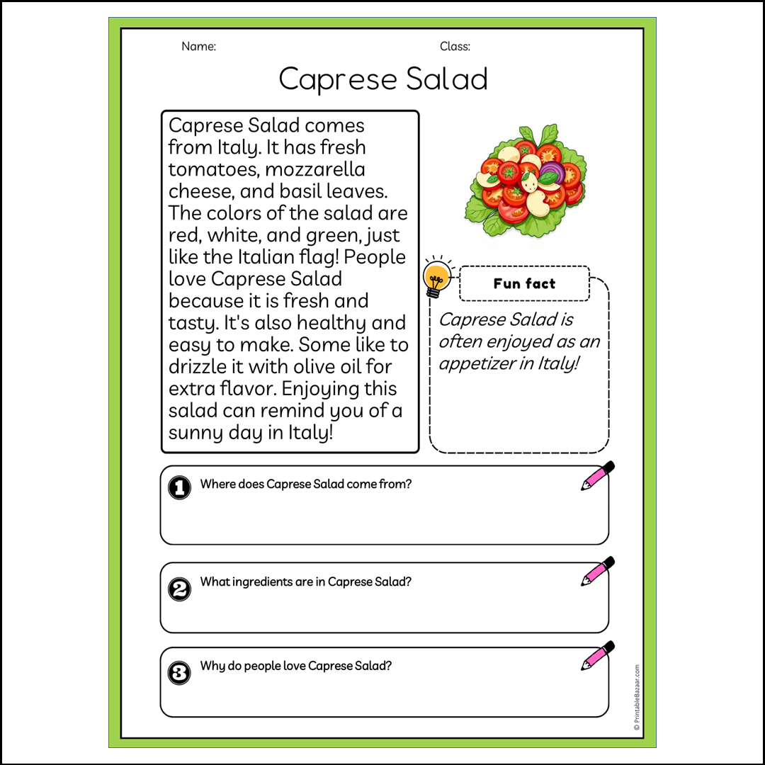 Caprese Salad | Reading Passage Comprehension Questions Writing Facts Worksheet