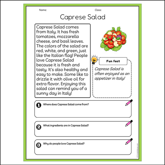 Caprese Salad | Reading Passage Comprehension Questions Writing Facts Worksheet