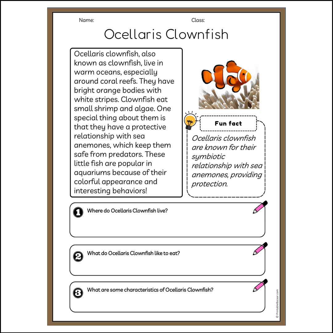 Ocellaris Clownfish | Reading Passage Comprehension Questions Writing Facts Worksheet